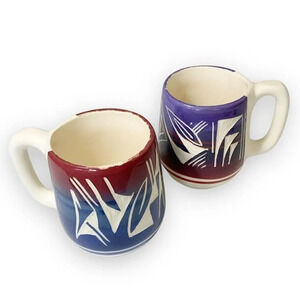 Wing Ute USA Tribal Hand Painted Carved‎ Pottery Coffee Mugs Yazzie Silas Signed